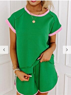 Umgee Lounge Set- Green/Pink  Drawstring Lounge Short and top set